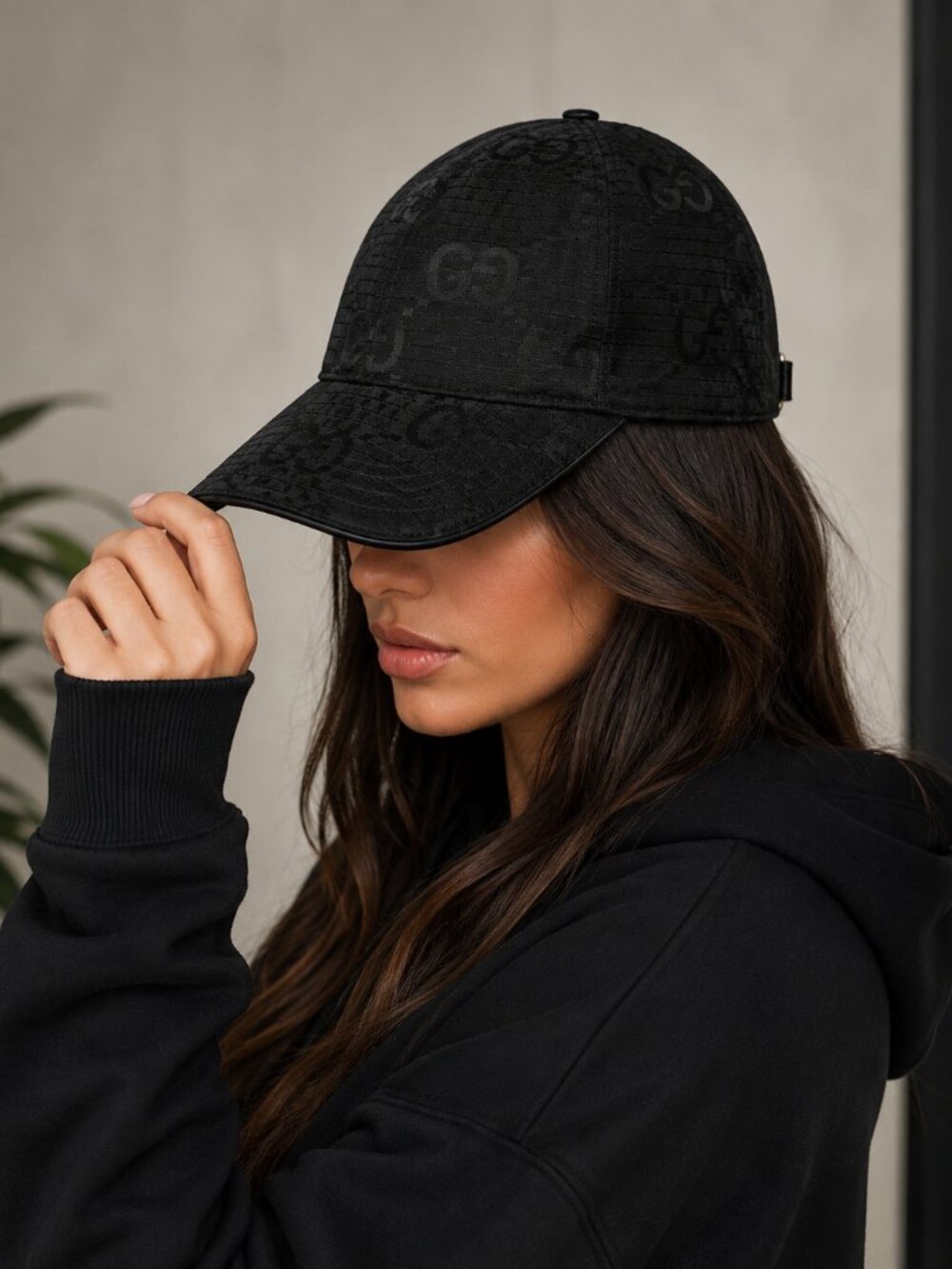 Black Monogram Jacquard Baseball Cap Adjustable Strap Streetwear Hat